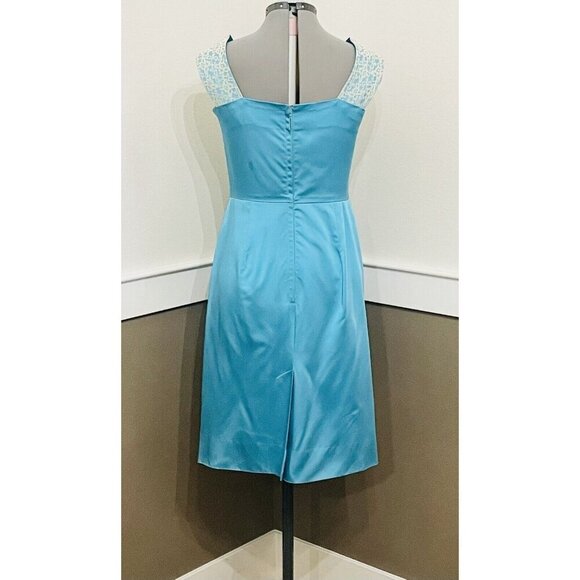 Vintage Turquoise Sleeveless Satin Sheath Dress White Lace Papillon - Picture 5 of 11